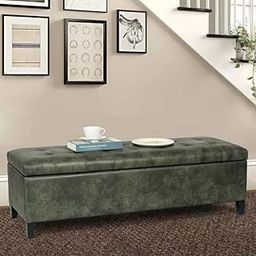 Tufted Storage Ottoman Bench, Black Faux Leather, Bedroom Furniture. (Green)-image-81