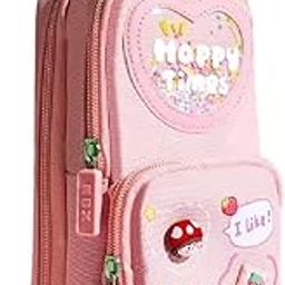 SAMEZONE Pencil Case Compass 3 Compartments Durable Storage Multiple Pencil Pouch for Kids, Pencil Box, School Pouches for Students, Stationery Pouch Pen Pencil Case (Happy TIME Pink)-3