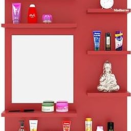 Ricco Engineered Wood Wall Mounted Dressing Table (Red Finish) Bathroom Cabinet Washroom Makeup Mirrors Storage Organiser Fancy Aaina Bedroom Mirror-24