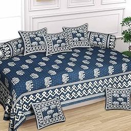 SkyKross - Everyday A New Thing Maharaja Special Hathi Pure & Soft Cotton Diwan Cover Set |8 Pcs Set - 5 Cushion Cover,2 Bolster Cover,1 Bedsheet (DARKBLUE)-image-83