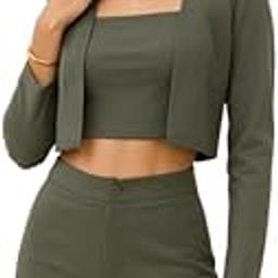Women's 3-Piece Co-ord Set, Crop Top with Long Sleeve Jacket and Trousers, Olive Grey-image-50