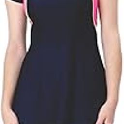 Women's Knee Length U-Back Swimdress in Stylish Contrast Side Panels Navy Blue-picture-19
