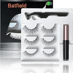 Batfield 3 Pairs Magnetic False Eyelashes - Reusable Fake Eyelashes with Eyeliner and Tweezer - Artificial Eye Lashes for Women Natural Wispy(Style 3)-image-1