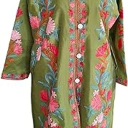 Kashmiri aari embroidery silk coat for women with attach lining || Green color || L: 42" B: 24" Sleeves: 22" Pockets:2-picture-5