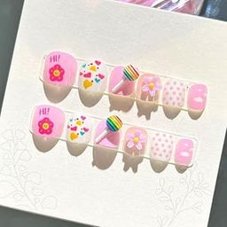 Plenteous False Nails Kids Press on Short Artificial Fake Nails Cute Pre Glue Full Cover Acrylic Nail Tip Kit for Children Little Girls Nail Decoration, 12 pc, Multi Color & Design.-35