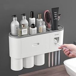 Toothbrush Holder Wall Mounted for Bathroom, Automatic Toothpaste Dispenser Kit with Magnetic Cups Kids & Family Set Toothbrush Holders, Storage Rack &Easy Install, Durable Space-Saving (3 cups, Grey)-image-3
