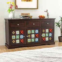Zivanto Sheesham Wood Sideboard and Cabinets | Wooden Side Board Tv Cabinet with Multicolor Tiles for Living Room | Free Standing Buffet Cabinet with 3 Drawers & 3 Door Cabinet Storage, Walnut Finish-image-96