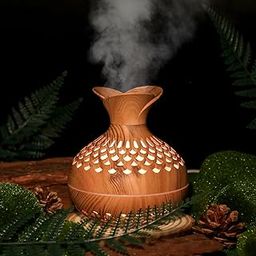 Portable Mini Humidifier, 300ml Small Humidifiers Wooden Vase Flower Aroma Diffuser, Quiet Cool Mist Air Humidifiers for Bedroom Home Baby Office, Auto Shut-Off, Colorful Light, Lightwood-image-1