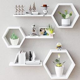 Vought Store Wooden Hexagon Shape Floating Shelves Wall Shelves for Living Room Bedroom Drawing Room Office or Hallway (White)-image-19