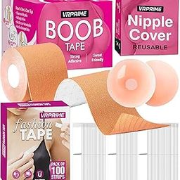 Boob Tape Kit - 5M Boob Tape with Reusable Nipple Cover for Women and 100 Strips Body Tape for Clothes | 100 Fashion Tape, 2 Nipple Pasties Reusable (Beige)-image-81