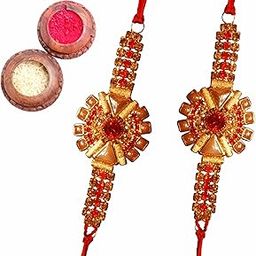 Raksha Bandhan Rakhi golden flower rakhi for brother with diamond work set of 2-image-4