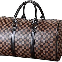 Luxury Leather Look Travel Duffle Bag for Men & Women | Checkered Pattern Weekender Bag | Hand Luggage, Gym, Office & Overnight Travel Bag | Spacious, Durable & Stylish(Brown)-image-56