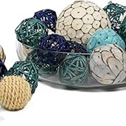 Scentattva.com Spherical Balls Rattan, Wood and Dried Flowers Bowl Fillers for Home and Office Decoration, Pack of 22 Pieces, (Turquoise, Blue & White)-image-2