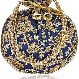 Traditional Embroidered Potli Bag For Women, Handmade Pure Silk Potli Handbag Wristlets Ethnic Bridal Potli Batwa Bag For Ladies For Wedding, Return Gifts (Royal Blue)-image-40