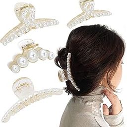 ANNACREATIONS Korean Fashionable Fancy Stylish Large Pearl Hair Claw Clips Long Hair Jaw Clips Clutches Barrettes Hair Accessories for Women's and Girls (White) Pack of 4 Pcs-15