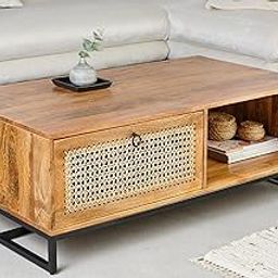 SMAART CRAAFTS Ram Rattan Solid Wood Coffee Table | Cane Work Centre Table with 1 Drawer | Pure Mango Wood, Natural Finish | Tea Table for Living Rooms |-image-49