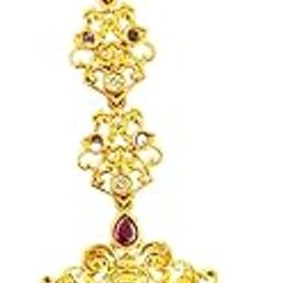 Traditional Lakshmi Devi Maang Tikka, Gold-Plated, Pearl Drops, Multi-Colour Stone-image-68