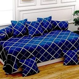 BREVARD 160 TC Glace Cotton 8 Pieces Diwan Set Including 1 Bedsheet, 5 Cushion Covers & 2 Bolster Covers (Dark Blue)-image-79