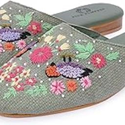 Women Hand Embroidered Mules | Floral Thread Work - Stylish Mojari Jutti, Ethnic Traditional Flats for Women | Embroidered Canvas Slip on Bellies with Double Cushion | Ethnic Shoes-image-45