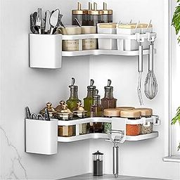 Zusha Elegance 2-Tier Bathroom Kitchen Corner Organizer Modern Storage, Shelf, L-Shaped Shower Caddy Wall-Mounted Rack Adhesive No Drill Caddy Multipurpose Compact Heavy Duty Hooks Basket, Shelves.-image-4