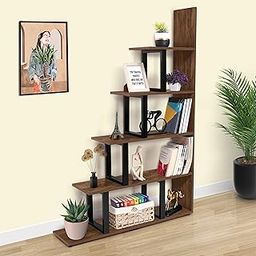 ABOUT SPACE Book Shelf - 5 Tier L-Shaped Unique Step Pattern Book Stand for Home Library, Office Engineered Wood Utility Display Unit for Bedroom, Living Room (L 100 x B 25 x H 151.5 cm - Brown)-6
