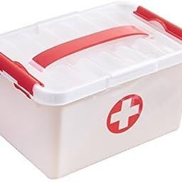Portable Double Layers Rectangular Medicine Cabinet Household First Aid Kit Medical Box Household Plastic Pill Storage Box with Detachable Tray and Handle (White & Red, Standard Size)-image-75