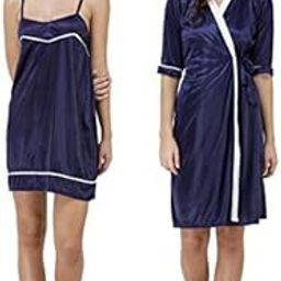 Satin Short Nighty Nightwear Set with Robe - Free Size Navy Blue-image-6