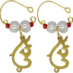 Lord Chintamani Charm Drop Huggie Hinged Piercing Surgical Pearl Bali White, Gold Stainless Steel Earrings For Men And Women-image-100