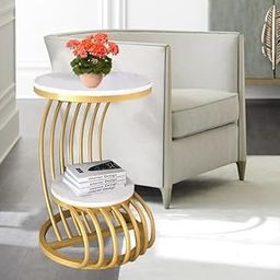 UNI HANDICRAFTS Modern Round Side Table with Gold Metal Base, 2-Tier White Top, Contemporary Accent End Table-image-84