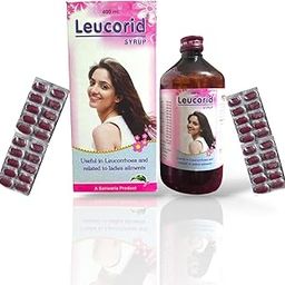 Ayurvedic LEUCORID SYRUP 400 ML for Leucorrhoea, Irregular Periods, Painful Menstruation, Estrogen Hormone, Infections, White Discharge and Weakness In Women | With 40 Tablets FREE| PACK OF 1 |-image-92