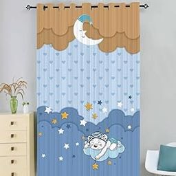 Newturn Textiles Kids Room Curtains (7ft Pack of 1), Grommet | Cute for Bedroom, Playroom | Door Curtain | Polyester Material | HD Print Semi Transparent | Good Night Print | Blue-image-5