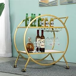 Dcor Serving Trolley with Two Metal Handles, Wheeled Wine Cart, Circular Mobile Trolley with Two Tier Shelves for Liqueur and Cocktail in The Kitchen-White Gold-image-11