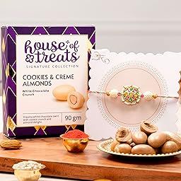 HyperFoods® Rakhi with Chocolates Gift for Brother Cookies and Creme Almonds 90 Grams Chocolate Gift Pack Rakhi for Brother with Chocolates Pink Sky Rakhis with Roli and Rice Chocolate Gift-image-82