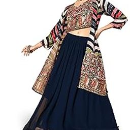 Lehenga Choli For Women - Georgette Mirror work Banjara Floral Embroidered Thread Woek Choli, Plain Lehenga With Shrug Fully Stitched-image-9