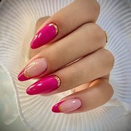 FWS Artificial fake Press On Nails Art Set (Set Of 20) Reusable Nails Extension,BridalNails,Stick-On Nails,Manicure Art Set, AcrylicNails,False Nails,DesignerNails | Nail Glue, Nail file, cuticle pusher, cleaning wipe | Glossy Pink French Golden Glitter Shape Long Oval-12
