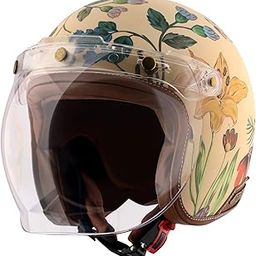 Axor Retro Jet Ibiza ISI Certified Lightweight Open Face Matt Finish Floral Helmet for Women with Clear Bubble Visor Beige(S)-74
