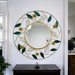 M.L. Creations Beautiful Elegance Gold Finish Leaf & Flower Pattern Round Frame Mirror Wall Art Decorative Mirror Metal Iron Design Modern Art Mirror Home Decor (Set Of 1, Gold & Green, Size: 66X66cm)-12