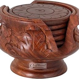 Craftland Wooden Handmade Carved Set of 6 with Decorative Holder Tabletop Coasters for Tea Coffee Cups Mugs Beer Cans Bar Glass Indian Handicrafts-41