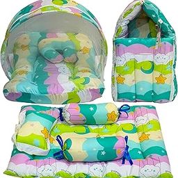 Infantbond Combo of Baby Bed with Net | Sleeping Bag | 4 Pcs Bedding Set (0-6 Months) (Fullset Pista Green New Star)-1