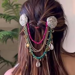 Boho Hair Accessory with Cowrie Shells, Beads and Chains, Cotton Thread Handmade Hair Pin Set-image-84