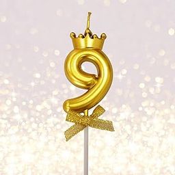 FI - FLICK IN 1 Pc 9 Number Candle for Birthday Cake Metallic Gold Number Nine Candle with Crown on Top for Anniversary Cake Topper 9th Birthday Cake Decoration 0-9 Number Candles (Pack of 1, Gold)-image-3