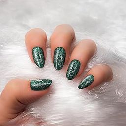 Bella Monza French Tip Press On Nails | Reusable Artificial Fake Stick Nail Set | Long Acrylic Almond Shape (24 Nails, Glitter DarkGreen)-9