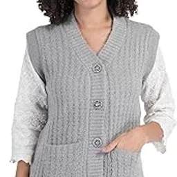 manra Women's Woolen V-Neck Buttoned Sleeveless Cardigan Self Design Soft Wool Fabric Winter Wear Pure Wool Sweater Cotty Fully Warm with Front Pockets Sweater-picture-38