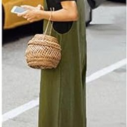 Women's Loose Linen Suspender Trousers Wide Leg Overalls Jumpsuit Romper 2XL Green | Womens Clothing |Jumpsuits & Rompers-picture-22