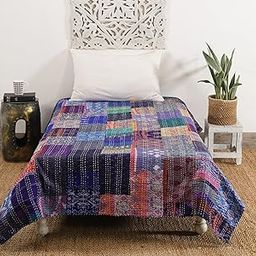 Handmade Twin Size Kantha Bedding Gudari Home Decor Patchwork Quilt Bedspread Silk Bed Cover Quilted Throw 60"x90" Inch (Blue Patchwork)-image-33