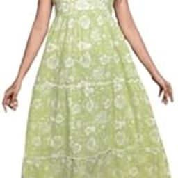 Women’s Cotton Sleeveless Green Floral Printed Dress | Casual Summer Shoulder Strap Dress for Women & Girls | Lightweight Floral Western Dress-image-1