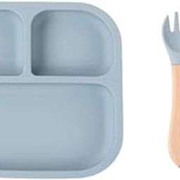 NIRVITTHAL Baby FeedingPlate, Silicone Divided Suction Plate, Toddler Wooden Spoons & Forks| Baby Led Weaning Supplies Self Feeding Eating Utensils (Grey)-image-93