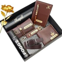 Your Name Customized Mens Gift Hamper Set with Water Bottle, Passport Cover, Pen, Men Wallet, Sunglasses Cover, Keychain, Men Deodorant, Golden Rose and Mens Belt and Coffee Mug (Brown)-39