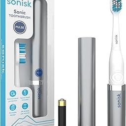 Sonisk Pulse | Battery Powered Electric Toothbrush | Portable Travel Size with Antimicrobial Sonic Technology | 1x Battery, 2X Brush Heads, 1x Travel Case Included (Metallic Silver)-image-21