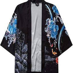 ToodiiIN Men T-Shirt Casual/Formal Loose Open Front 3/4 Sleeve Japanese Style Print Cover Up Cardigan Black-picture-10
